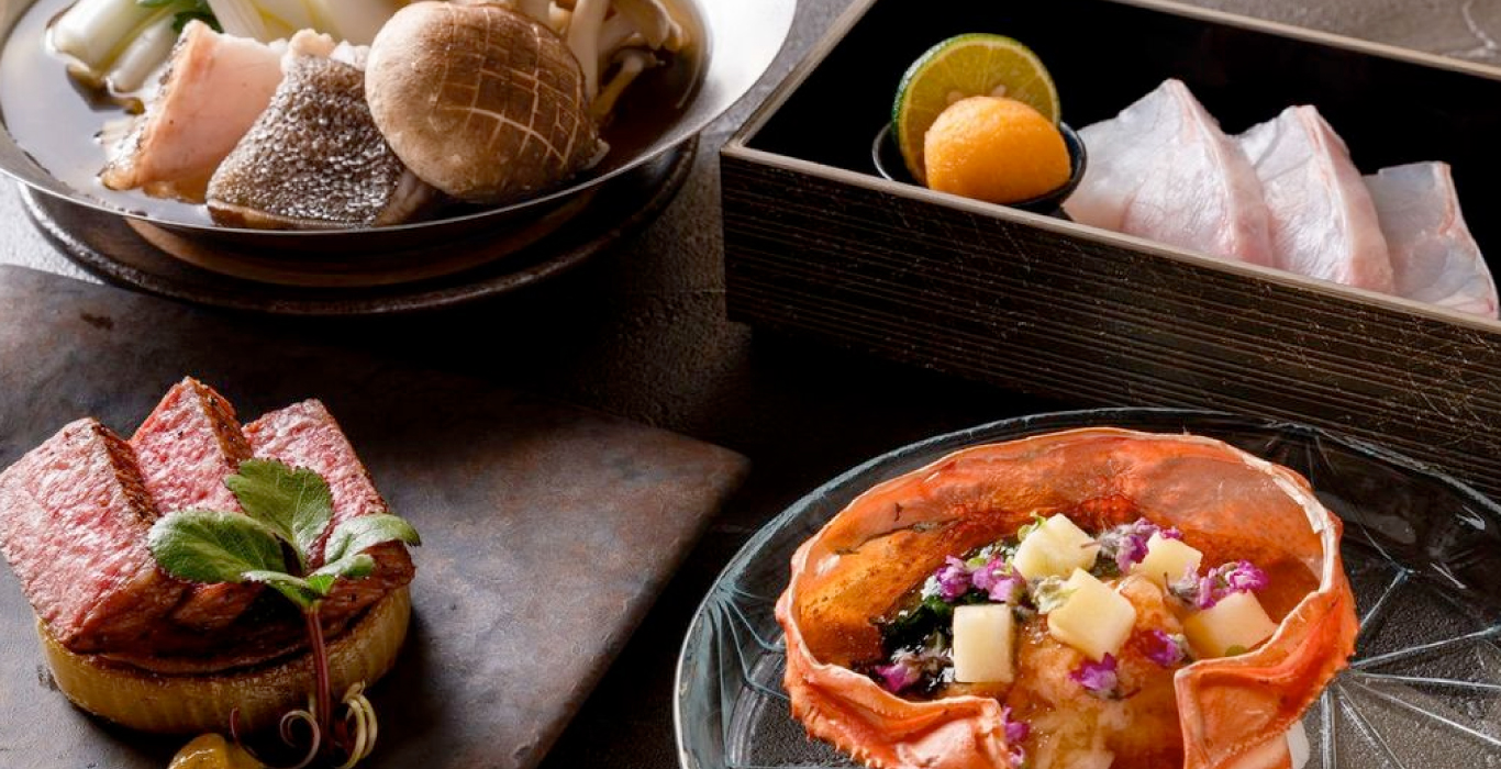 <一人ひと鍋>冬の味覚「贅沢三昧」特別会席 ～天然クエ鍋　黒毛和牛ステーキ　蟹酢甲羅盛り～ 